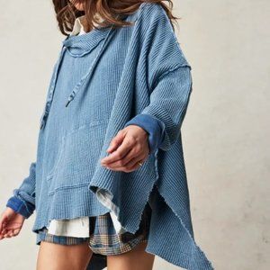 FP Free People One Gannet Hoodie Thermal Blue Oversized Washed Sweatshirt Medium